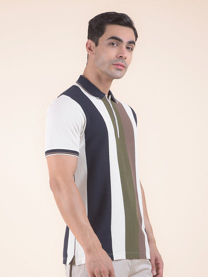 T-Shirt for Men | Breathable & Soft with Color Fastness Regular Fit Polo Neck Poly Cotton Fabric Striped Pattern