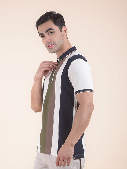 T-Shirt for Men | Breathable & Soft with Color Fastness Regular Fit Polo Neck Poly Cotton Fabric Striped Pattern