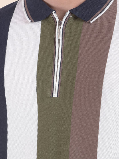 T-Shirt for Men | Breathable & Soft with Color Fastness Regular Fit Polo Neck Poly Cotton Fabric Striped Pattern