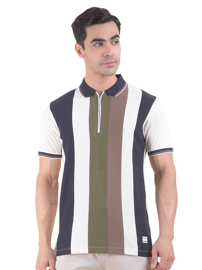 T-Shirt for Men | Breathable & Soft with Color Fastness Regular Fit Polo Neck Poly Cotton Fabric Striped Pattern