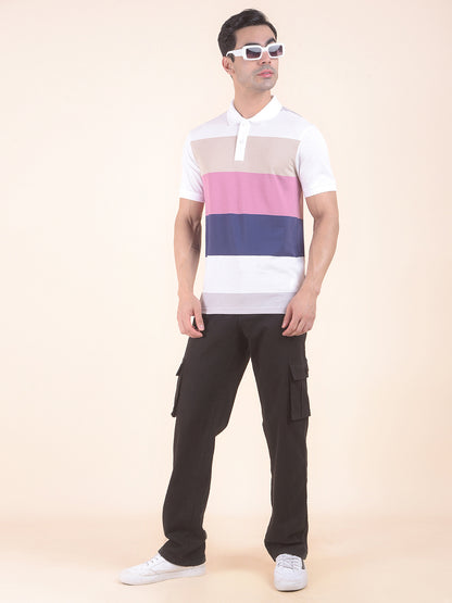T-Shirt for Men | Breathable & Soft with Color Fastness Regular Fit Polo Neck Poly Cotton Fabric Striped Pattern