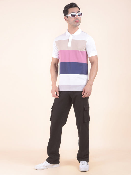 T-Shirt for Men | Breathable & Soft with Color Fastness Regular Fit Polo Neck Poly Cotton Fabric Striped Pattern