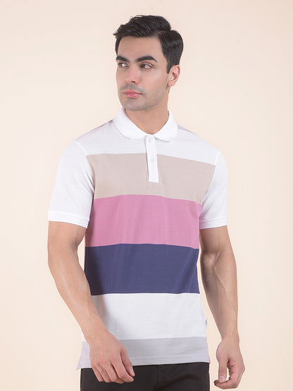 T-Shirt for Men | Breathable & Soft with Color Fastness Regular Fit Polo Neck Poly Cotton Fabric Striped Pattern