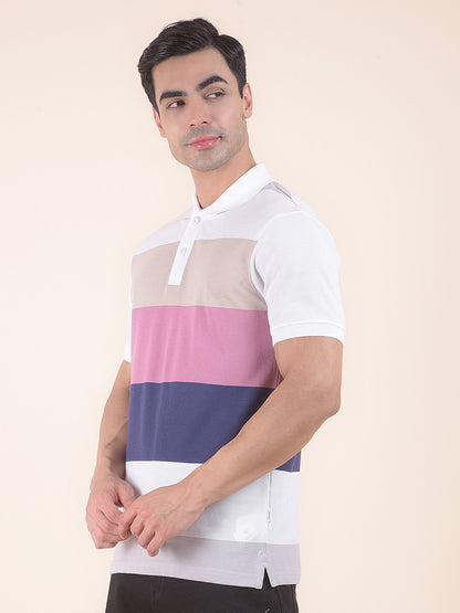 T-Shirt for Men | Breathable & Soft with Color Fastness Regular Fit Polo Neck Poly Cotton Fabric Striped Pattern