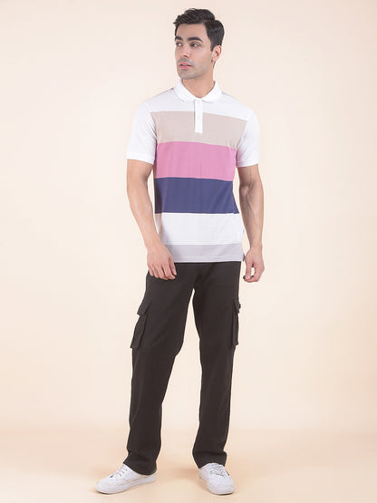 T-Shirt for Men | Breathable & Soft with Color Fastness Regular Fit Polo Neck Poly Cotton Fabric Striped Pattern