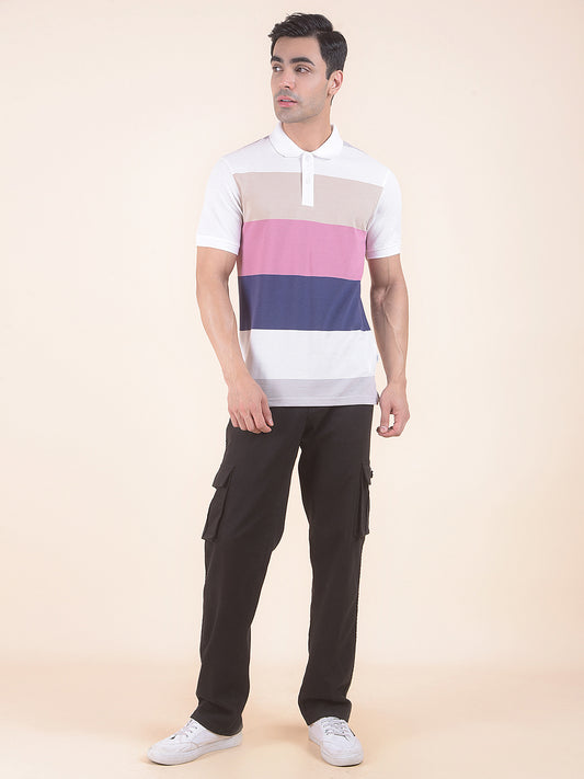 T-Shirt for Men | Breathable & Soft with Color Fastness Regular Fit Polo Neck Poly Cotton Fabric Striped Pattern