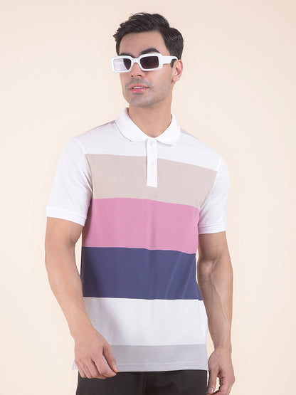 T-Shirt for Men | Breathable & Soft with Color Fastness Regular Fit Polo Neck Poly Cotton Fabric Striped Pattern