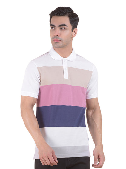 T-Shirt for Men | Breathable & Soft with Color Fastness Regular Fit Polo Neck Poly Cotton Fabric Striped Pattern