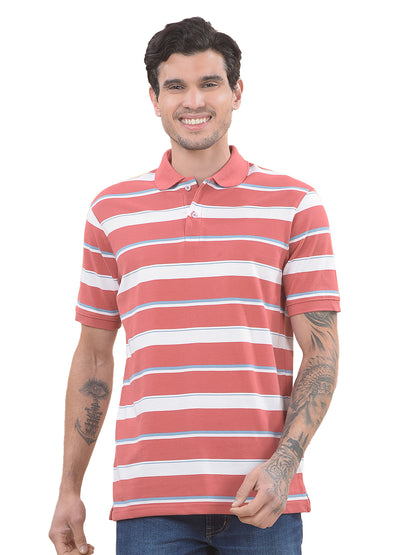 T-Shirt for Men | Breathable & Soft with Color Fastness Regular Fit Polo Neck Poly Cotton Fabric Striped Pattern