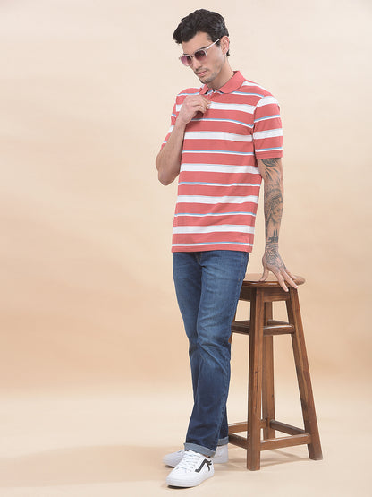 T-Shirt for Men | Breathable & Soft with Color Fastness Regular Fit Polo Neck Poly Cotton Fabric Striped Pattern