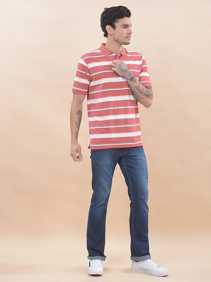 T-Shirt for Men | Breathable & Soft with Color Fastness Regular Fit Polo Neck Poly Cotton Fabric Striped Pattern