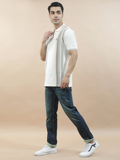 T-Shirt | Breathable & Soft with Color Fastness Regular Fit Polo Neck Poly Cotton Fabric for Men Striped Pattern
