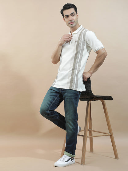 T-Shirt | Breathable & Soft with Color Fastness Regular Fit Polo Neck Poly Cotton Fabric for Men Striped Pattern
