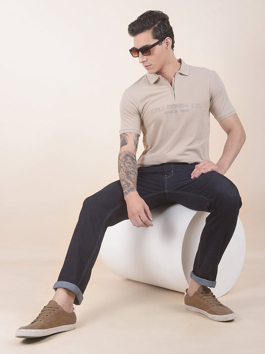 Men's Beige Printed Regular Fit Half Sleeve Casual T-Shirt
