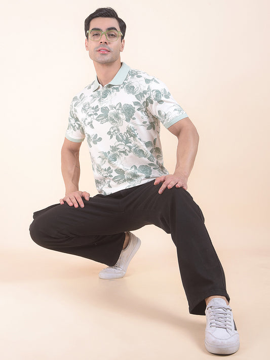 T-Shirt for Men | Breathable & Soft with Color Fastness Regular Fit Polo Neck Cotton Blend Fabric Floral Print Pattern