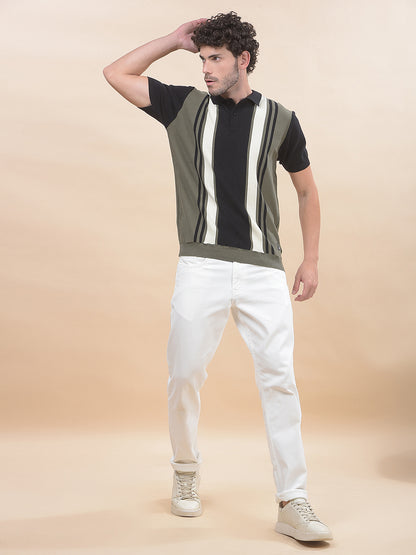 T-Shirt for Men | Breathable & Soft with Color Fastness Regular Fit Polo Neck Cotton Blend Fabric Striped Pattern