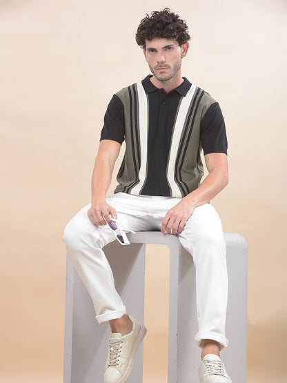 T-Shirt for Men | Breathable & Soft with Color Fastness Regular Fit Polo Neck Cotton Blend Fabric Striped Pattern