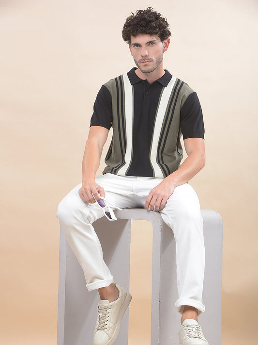 T-Shirt for Men | Breathable & Soft with Color Fastness Regular Fit Polo Neck Cotton Blend Fabric Striped Pattern