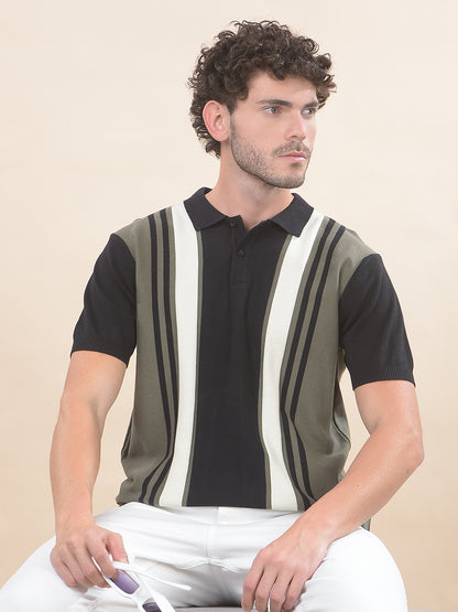 T-Shirt for Men | Breathable & Soft with Color Fastness Regular Fit Polo Neck Cotton Blend Fabric Striped Pattern