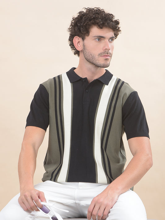 T-Shirt for Men | Breathable & Soft with Color Fastness Regular Fit Polo Neck Cotton Blend Fabric Striped Pattern