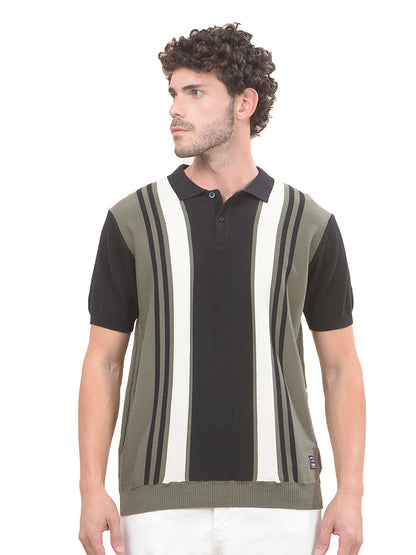 T-Shirt for Men | Breathable & Soft with Color Fastness Regular Fit Polo Neck Cotton Blend Fabric Striped Pattern