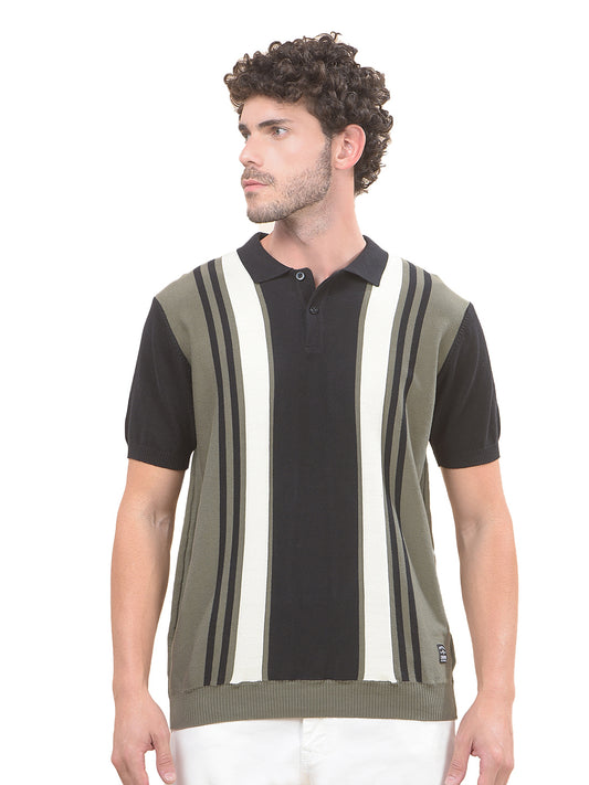 T-Shirt for Men | Breathable & Soft with Color Fastness Regular Fit Polo Neck Cotton Blend Fabric Striped Pattern
