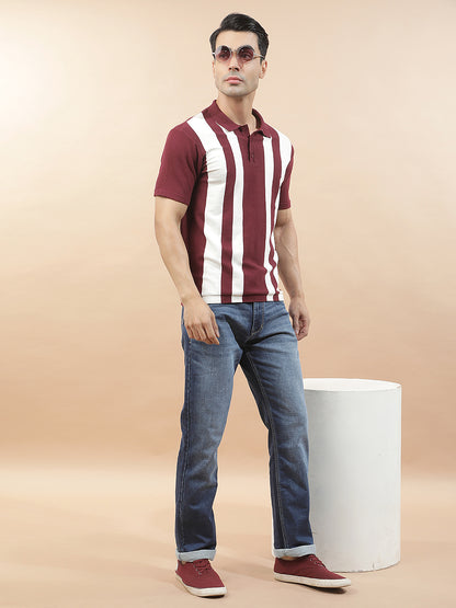 T-Shirt for Men | Breathable & Soft with Color Fastness Regular Fit Polo Neck Poly Cotton Fabric Striped Pattern