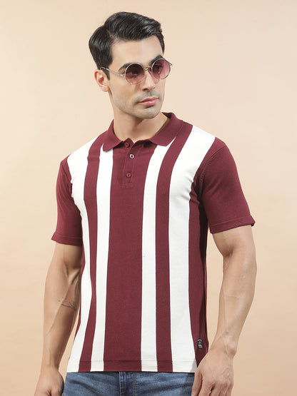 T-Shirt for Men | Breathable & Soft with Color Fastness Regular Fit Polo Neck Poly Cotton Fabric Striped Pattern