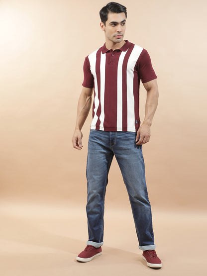 T-Shirt for Men | Breathable & Soft with Color Fastness Regular Fit Polo Neck Poly Cotton Fabric Striped Pattern