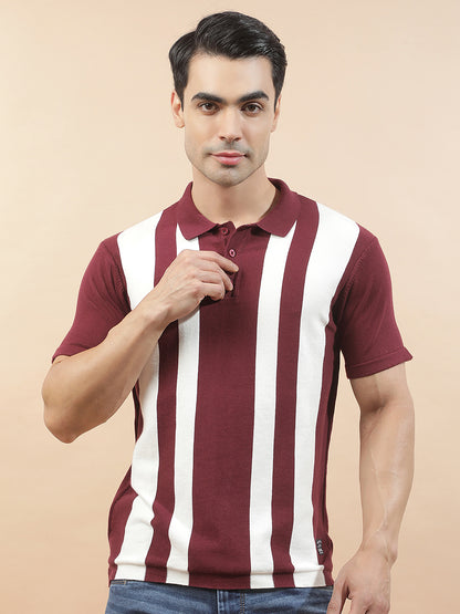 T-Shirt for Men | Breathable & Soft with Color Fastness Regular Fit Polo Neck Poly Cotton Fabric Striped Pattern