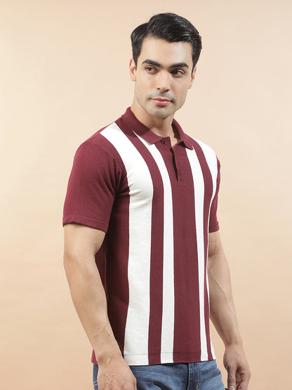 T-Shirt for Men | Breathable & Soft with Color Fastness Regular Fit Polo Neck Poly Cotton Fabric Striped Pattern
