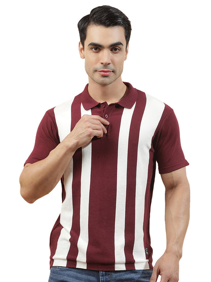 T-Shirt for Men | Breathable & Soft with Color Fastness Regular Fit Polo Neck Poly Cotton Fabric Striped Pattern