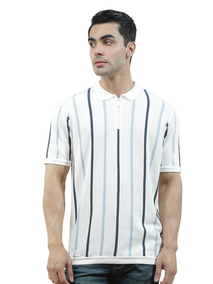 T-Shirt for Men | Breathable & Soft with Color Fastness Regular Fit Polo Neck Cotton Blend Fabric Striped Pattern