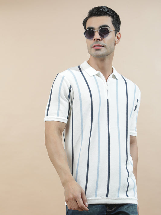 T-Shirt for Men | Breathable & Soft with Color Fastness Regular Fit Polo Neck Cotton Blend Fabric Striped Pattern