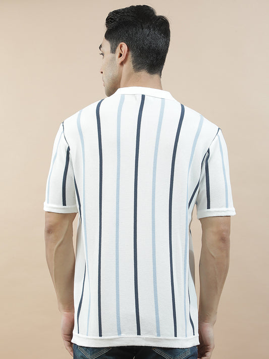 T-Shirt for Men | Breathable & Soft with Color Fastness Regular Fit Polo Neck Cotton Blend Fabric Striped Pattern