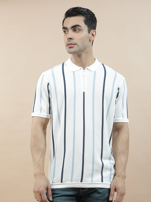T-Shirt for Men | Breathable & Soft with Color Fastness Regular Fit Polo Neck Cotton Blend Fabric Striped Pattern