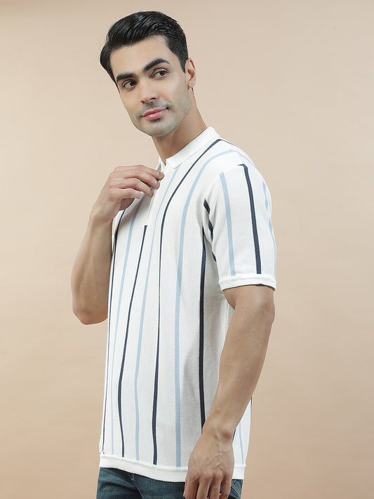 T-Shirt for Men | Breathable & Soft with Color Fastness Regular Fit Polo Neck Cotton Blend Fabric Striped Pattern