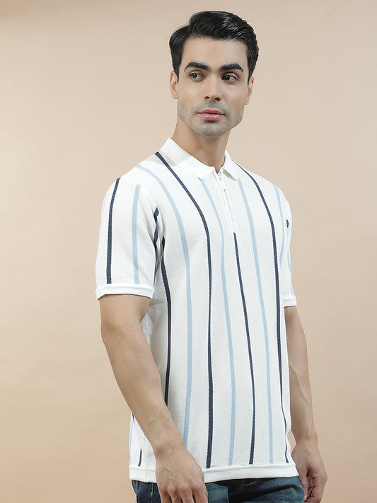T-Shirt for Men | Breathable & Soft with Color Fastness Regular Fit Polo Neck Cotton Blend Fabric Striped Pattern