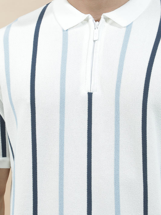 T-Shirt for Men | Breathable & Soft with Color Fastness Regular Fit Polo Neck Cotton Blend Fabric Striped Pattern