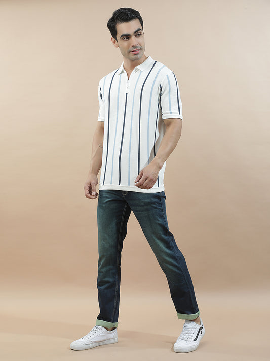 T-Shirt for Men | Breathable & Soft with Color Fastness Regular Fit Polo Neck Cotton Blend Fabric Striped Pattern
