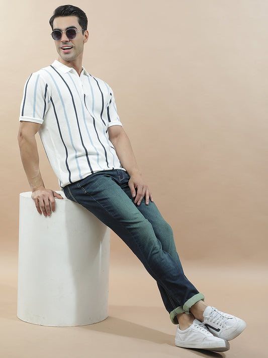 T-Shirt for Men | Breathable & Soft with Color Fastness Regular Fit Polo Neck Cotton Blend Fabric Striped Pattern