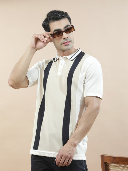 T-Shirt for Men | Breathable & Soft with Color Fastness Regular Fit Polo Neck Poly Cotton Fabric Striped Pattern