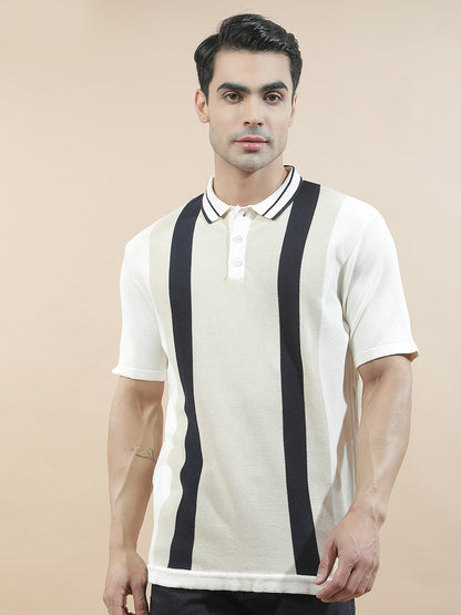 T-Shirt for Men | Breathable & Soft with Color Fastness Regular Fit Polo Neck Poly Cotton Fabric Striped Pattern