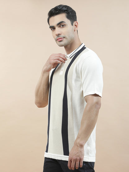T-Shirt for Men | Breathable & Soft with Color Fastness Regular Fit Polo Neck Poly Cotton Fabric Striped Pattern