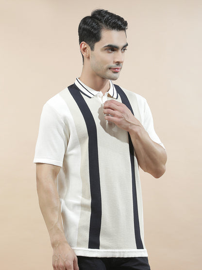 T-Shirt for Men | Breathable & Soft with Color Fastness Regular Fit Polo Neck Poly Cotton Fabric Striped Pattern