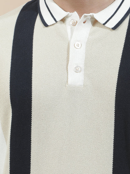 T-Shirt for Men | Breathable & Soft with Color Fastness Regular Fit Polo Neck Poly Cotton Fabric Striped Pattern