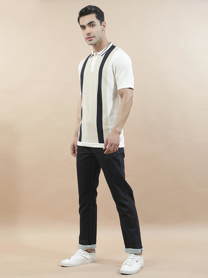 T-Shirt for Men | Breathable & Soft with Color Fastness Regular Fit Polo Neck Poly Cotton Fabric Striped Pattern