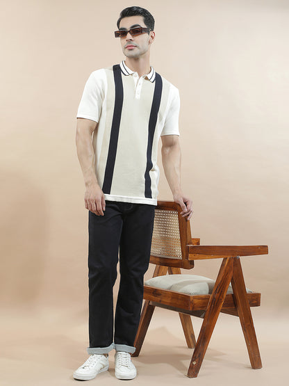 T-Shirt for Men | Breathable & Soft with Color Fastness Regular Fit Polo Neck Poly Cotton Fabric Striped Pattern