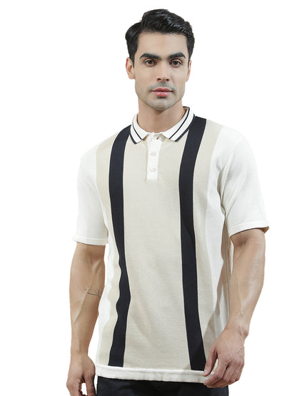T-Shirt for Men | Breathable & Soft with Color Fastness Regular Fit Polo Neck Poly Cotton Fabric Striped Pattern
