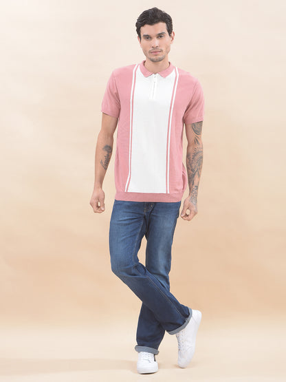 T-Shirt for Men | Breathable & Soft with Color Fastness Regular Fit Polo Neck Cotton Blend Fabric Striped Pattern